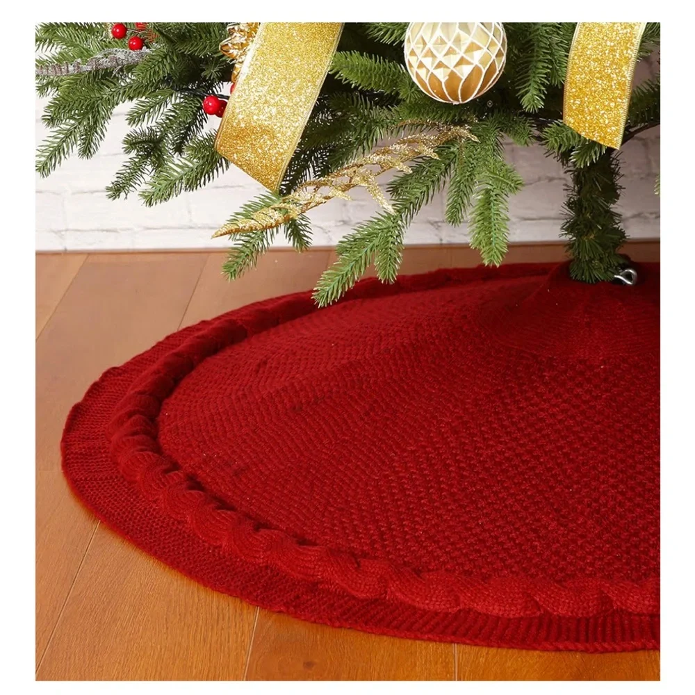 Thick Luxury Cable Knit Rustic Holiday Christmas Tree Skirt 36” BURGUNDY